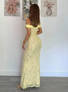 Siren Gaze 2025秋季女装新品！秋季必备单品 - 奶油黄碎花蕾丝露肩鱼尾下摆修身优雅连衣裙，生日、婚礼宾客、办公室工作、约会之夜、外出、早午餐、返校节和音乐会的完美之选，秋季女士服装之选 - 黃色 - 查看 6