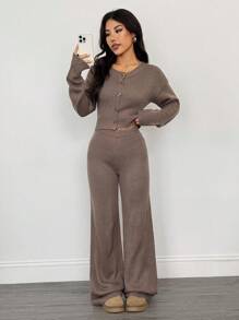 SHEIN PETITE 2件組女款羊毛寬鬆長袖休閒針織衫褲套裝，鈕扣開襟開衫，咖啡棕秋季居家服，秋季服飾，適合嬌小女性 - 棕色 - 查看 8