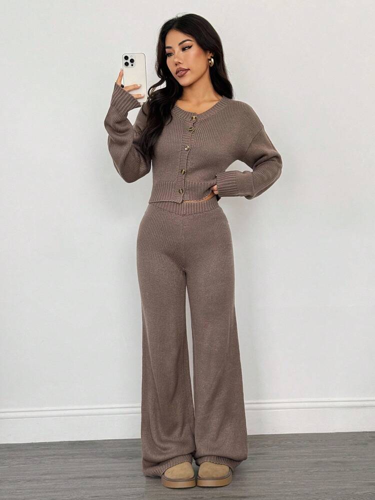 SHEIN PETITE 2件組女款羊毛寬鬆長袖休閒針織衫褲套裝，鈕扣開襟開衫，咖啡棕秋季居家服，秋季服飾，適合嬌小女性 - 棕色 - 查看 8