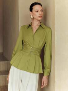 Arave 女士梭织棉质莫代尔纯色绿色衬衫领长袖半开腰系带优雅休闲办公室衬衫，春秋 - 綠色 - 查看 1