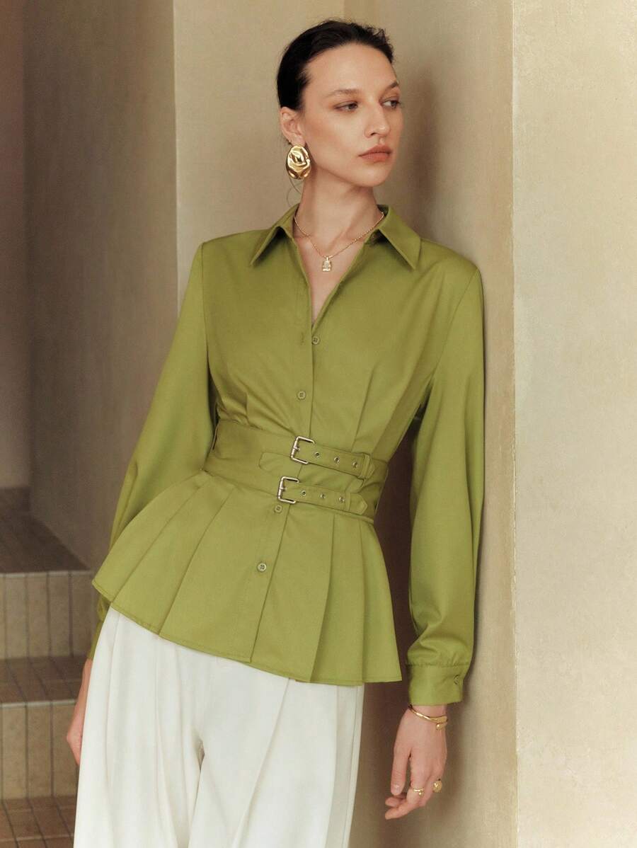 Arave 女士梭织棉质莫代尔纯色绿色衬衫领长袖半开腰系带优雅休闲办公室衬衫，春秋 - 綠色 - 查看 1
