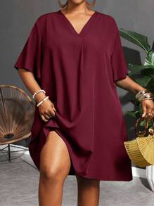 Slaydiva 2025 New Arrival/Easter/Western Style/Elegant Casual Commute/Business Casual Women's Short Sleeve Shirt Dress, Elegant Personalized Design V-Neck Chiffon Blouse Loose Short Sleeve Ruffle Sleeve Dress Plus Size Casual Dress Plus Size Burgundy Dress Plus Size Vacation Dress Plus Size Dress Burgundy Dress - Burgundy - View 11