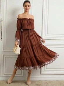 Zanirela Autumn/Winter New Women's Off Shoulder Sleeve Floral Contrast Color Embroidery Ruffle Hem Long Sleeve Vintage Layered Flared Waist Maxi Dress - Brown - View 7