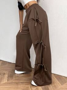 SHEIN EZwear 女士休闲运动裤，带蝴蝶结抽绳，咖啡棕色 - 咖啡棕 - 查看 4
