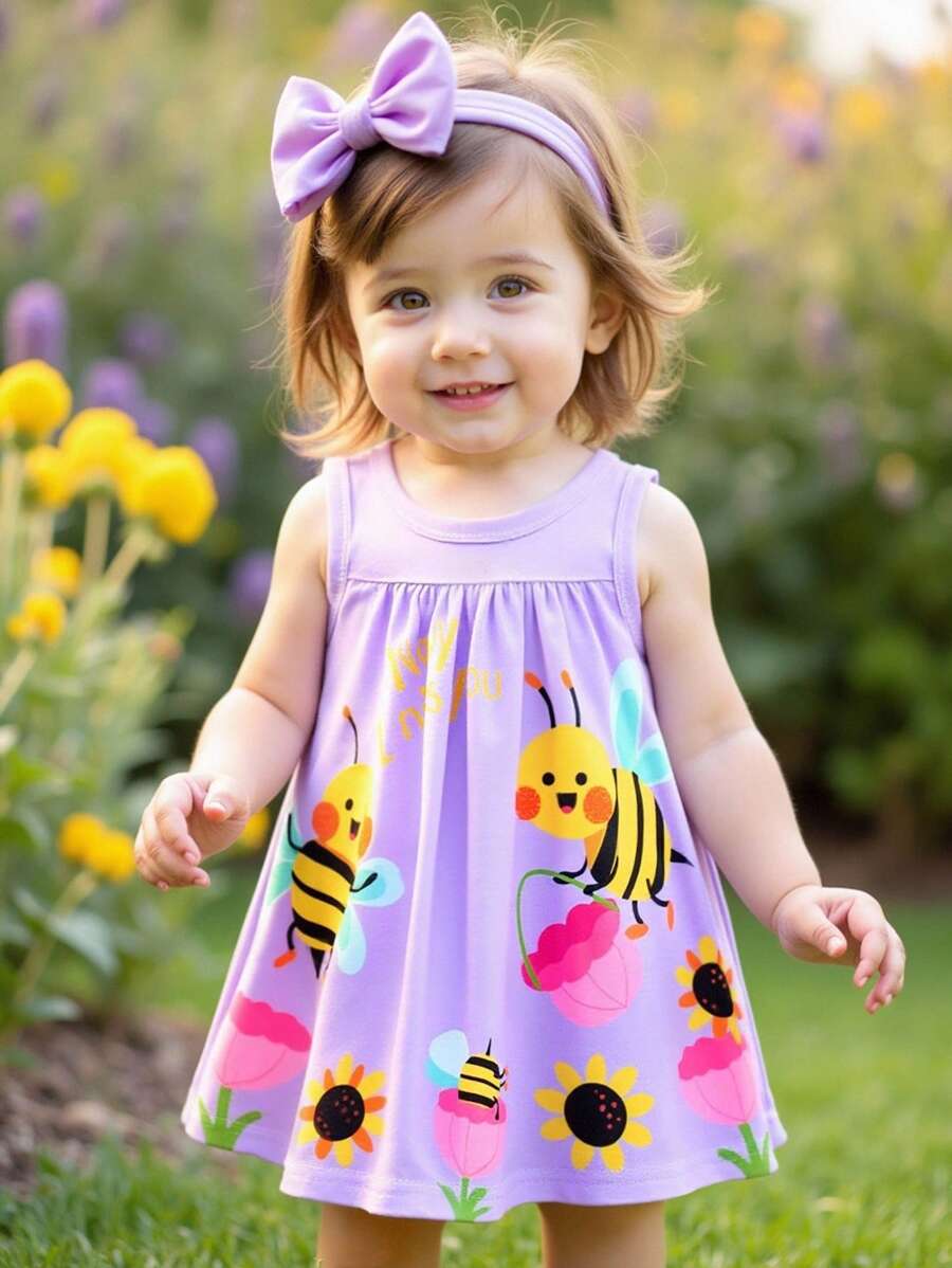SHEIN Playful Pals Baby Girls' Cute Bee Animal Element Sleeveless Dress, Fashion New Style For Spring & Summer - Purple - View 1