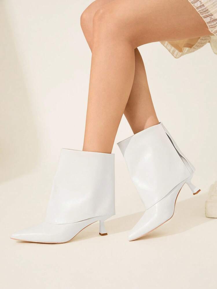 CUCCOO CHICEST 1. Women's Pointed Toe Kitten Heel Shoes, Elegant Wine Glass Heel, Suitable For Commuting And Fashion, All-Match White Faux Leather Shark Boots, Mid-Calf Boots, Ankle Boots, Suitable For Workplace, Elegant And Versatile Outfits
