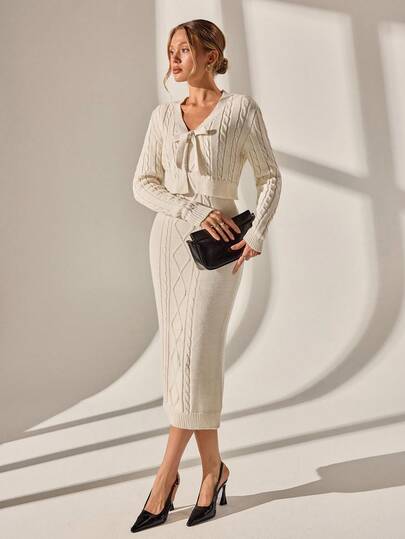 CLARA VERO Elegant V Neck Bow Tie Front Crop Cable Knit Solid Color Flare Sleeve Cardigan & Maxi Bodycon Solid Color Cable Knit V Neck Knitted Dresss With Straps 2 Pieces Set For Fall Winter Women