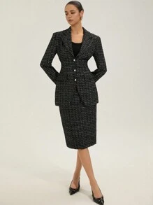 Aveloria Rosie Schwarzer & weißer Tweed Strass & Perlen Dekor Taillenanzug Set mit Taillengürtel für Pendlerinnen, elegant für Frauen