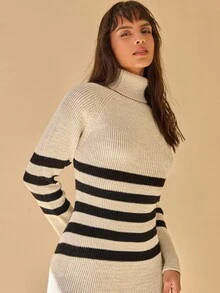 CLARA VERO Abito maglia dolcevita casual a righe nere e beige, morbido e confortevole - Bianco e nero - Visualizzare 6