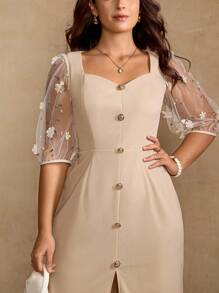 Roveilla Đầm midi ôm sát tay ngắn màu mơ thanh lịch cổ vuông xẻ tà phía trước cho nữ cỡ lớn - Màu be - Xem 3