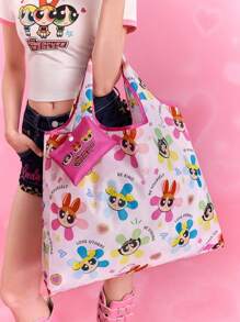 THE POWERPUFF GIRLS X SHEIN 1 件卡通泡泡、花朵、毛茛图案涤纶可折叠购物袋、沙滩包、手提袋，附带小袋和串珠链，时尚，Y2K - 彩色 - 查看 3