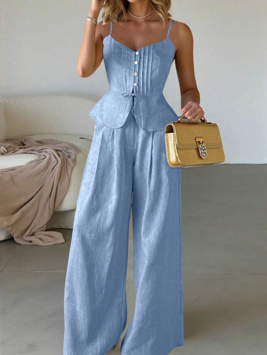 Almamuse Set de 2 piezas: Top de tirantes ajustado informal con nudo delantero y pantalón de pierna ancha - Azul - Ver 1