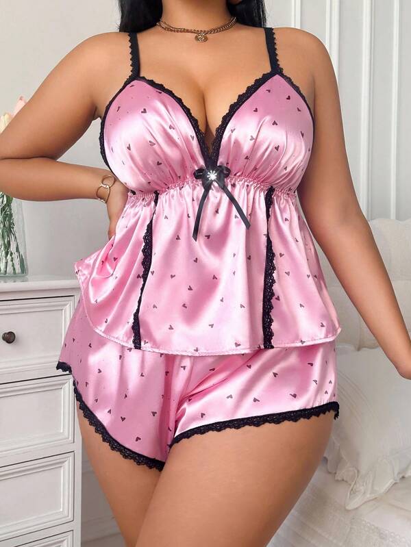 SHEIN Plus Size Satin Pajama Set With Lace Trim And Spaghetti Straps In Pink Plus Size Lingerie 2 Piece Set Plus Size Pajama Short Set Plus Size Night Wear Lingerie Sleep Set