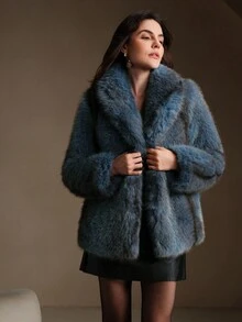Anewsta 女士时尚新款翻领长款人造皮草大衣，冬季 - 霧霾藍 - 查看 9
