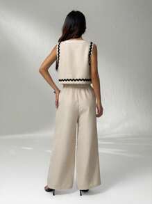 SHEIN PETITE Bộ trang phục mùa hè 2 món cho nữ, áo sơ mi viền tương phản và quần dài đơn giản rộng rãi đi làm - Màu be - Xem 2