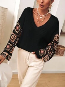 SHEIN VCAY Plus Size Women Crochet Floral Drop Shoulder Loose V-Neck Pullover Sweater, Casual For Home & Travel, Autumn/Winter, White Fall