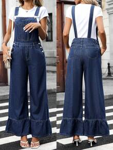 EMERY ROSE 女式休闲牛仔连体裤，带口袋和荷叶边下摆 - 藍色 - 查看 1