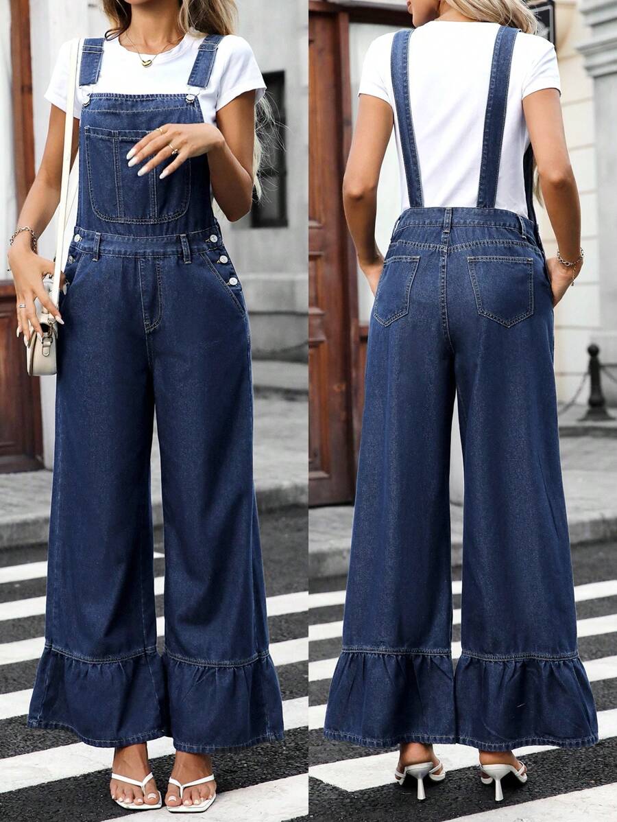 EMERY ROSE 女式休闲牛仔连体裤，带口袋和荷叶边下摆 - 藍色 - 查看 1
