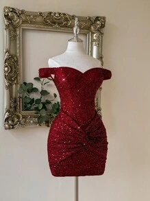 Lovelzi 时尚、性感、前卫、迷你、网眼、闪亮、红色、亮片面料、露肩、打结、露肩、超短连衣裙，适合夜店、派对、度假、鸡尾酒会 - 紅色 - 查看 7