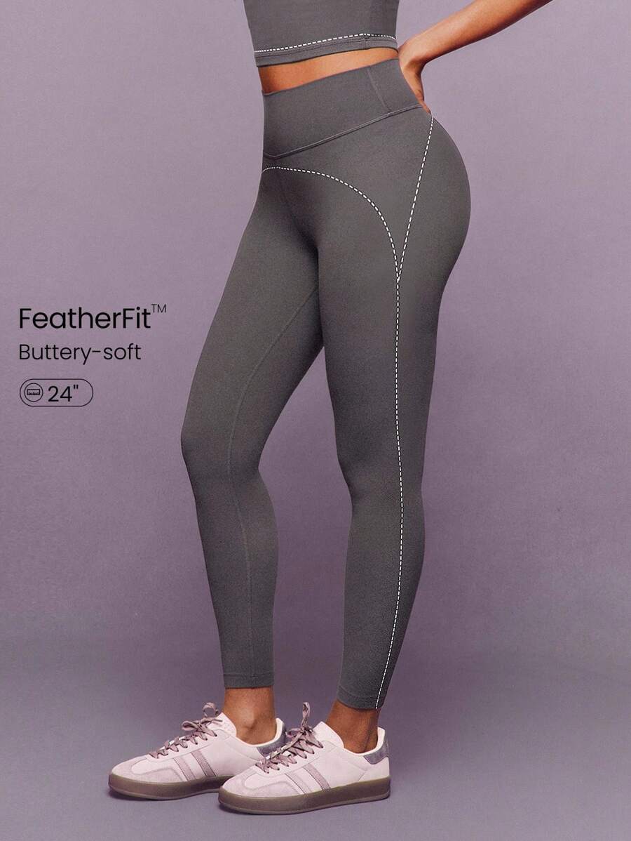 GLOWMODE 24英寸 FeatherFit™ Big Vibe 柔软弹力吸汗对比色虚线紧身裤，低冲击瑜伽普拉提工作室健身房日常活动 - 深灰色 - 查看 1