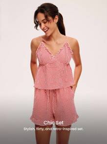 LUVLETTE 夏季女士红色格子图案纯棉V领吊带背心可爱睡衣上装和短裤套装，透气性感可爱睡衣套装，荷叶边长裤带口袋，内衣外穿舒适居家必备，平衡百搭，也适合青少年女孩、年轻女孩和儿童。 - 紅色 - 查看 7