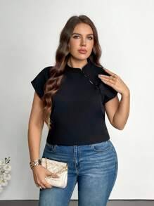 Firerie Plus Size Elegant Commuter New Chinese Style Mandarin Collar Sleeveless Drop Shoulder Mini Flutter Sleeve Fitted White Blouse