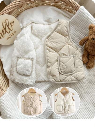 Baby Boys Casual College Style All-Match Simplex  Fleece Reversible Vest Jacket, Suitable For Autumn & Winter, Wear At Home Or Outdoor