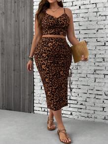 SHEIN VCAY Plus Size Leopard Print Camisole Top And Slit Hem Skirt 2pcs Set, Resort Wear,Holiday Outfits - Brown - View 4