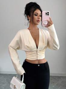 Roylia Chaqueta de mujer con cuello en V, cintura plisada y manga larga con botones, versátil y estilizadora - Albaricoque - Ver 7