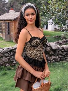 SHEIN 1pc Women's Lace Patchwork Leopard Print Underwire Sexy Bra Leopard Corset Top Cheetah Print Corset Corset Dress For Women Leopard Print Top Lace Corset Top - Multicolor - View 6