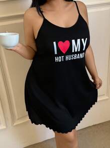 Napfluff CURVE Napfluff CURVE Plus Size Solid Color Knit Camisole Nightgown With Heart & Letter Print, Fitted Women Nightdress Short Nightgown Cute Nightgown Sleep Dress - Black - View 6