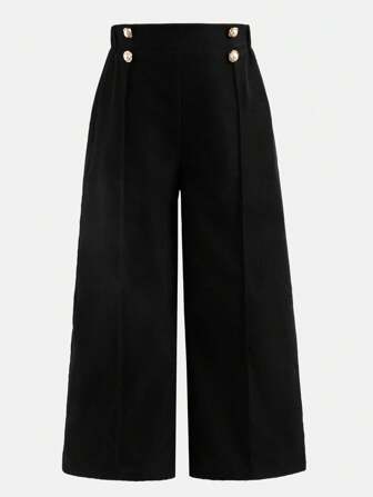 Elladie kids Young Girls' Plain Color Double-Breasted Wide-Leg Pleated Casual Pants Fall Winter