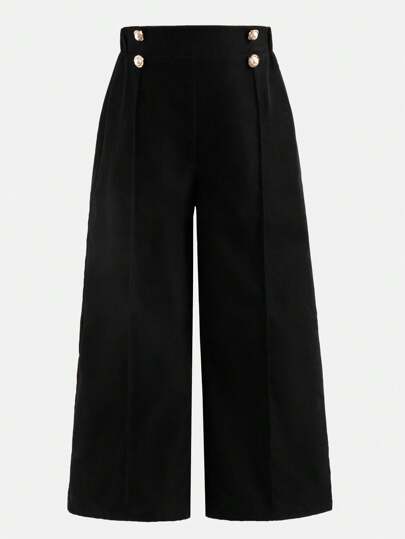 Elladie kids بنطلون بنات ذا هيكل مرتبط مزدوج الصدر واسع الساق محبوك من القماش العادي