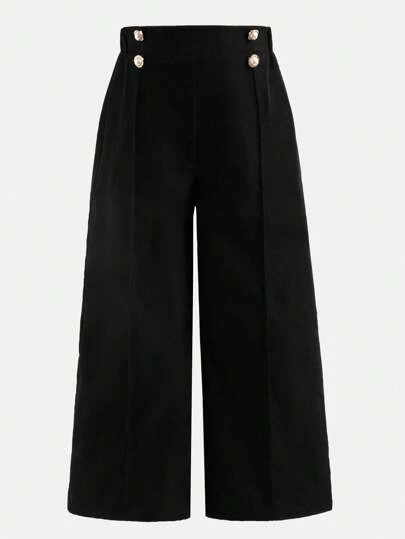 Elladie kids Young Girls' Plain Color Double-Breasted Wide-Leg Pleated Casual Pants Fall Winter