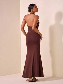 Zivah Women's Dark Brown Chic Summer Maxi Dress,Halter Neck Backless Bodycon Fishtail Hem Long Dress For Date Night,Front Metal Buckle Decor Ruched - Brown - View 2