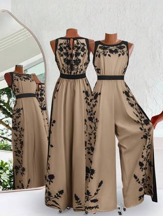 SHEIN Clasi Plus Size Floral Print Sleeveless Jumpsuit, Casual Holiday Style Tan Jumpsuit For Women
