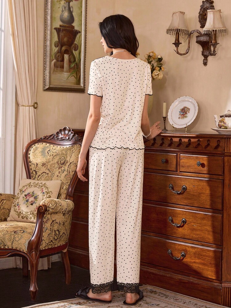 Côtesoire 法式休闲风黑色蕾丝蝴蝶结拼布波点印花柔软牛奶丝女士短袖睡衣套装 - 杏色 - 查看 2