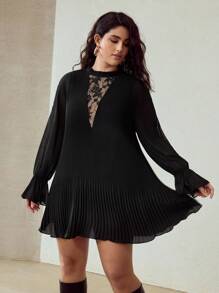MOTF PREMIUM 秋季荷叶边领口撞色蕾丝褶皱 A 字长袖短裙 - 黑色 - 查看 5