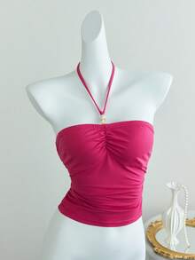 Elamini Women's Casual Vacation Beaded Halter Neck Tie Back Tank Top. Y2K Style. Beaded Style. - Hot Pink - View 1