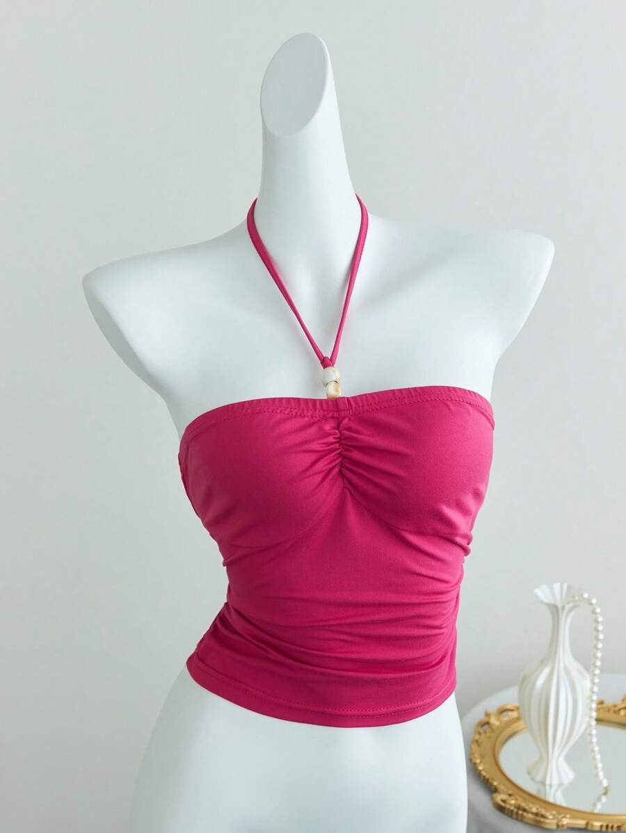 Elamini Women's Casual Vacation Beaded Halter Neck Tie Back Tank Top. Y2K Style. Beaded Style. - Hot Pink - View 1