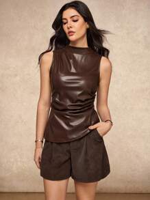 House of One Old Money Mock Neck Ruched Sleeveless PU Asymmetric Top, Women Casual Old Money Fall Autumn Brown Leather Top, Dark Brown Top, Chocolate Brown Top, Faux Leather Top Fall Outfits Business Professional Women Business Casual Woman - Brown - View 1