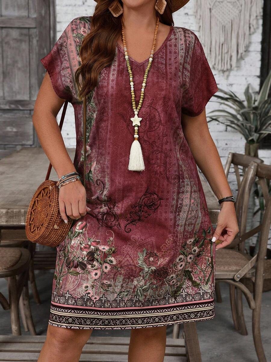 EMERY ROSE Plus Size Women Country Casual Vacation Vintage Style Floral Print V-Neck Short Sleeve Dress,Summer Holiday,Vacation Outfits Women,Simple And Fashionable For Everyday Wear,Vacay Vibes,Springbreak,Casual Wear SS,Bohemia,Summer Dresses For Women,Dresses Casual,Going Out Outfits,2025 New Clothes,Fall Women Clothes - Red - View 1