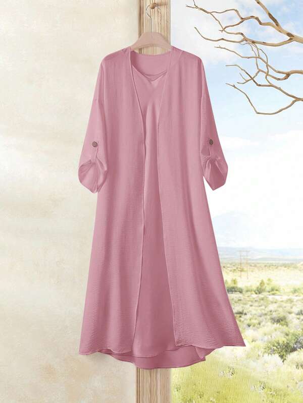 Rusticease Women's Casual Solid Color Long Regular Jacket Dusty Pink Dress Women Women Modest Sets Pink Dress Set Women Lantern Sleeve Dress Women Women Summer Dress Sets In Fall/Winter