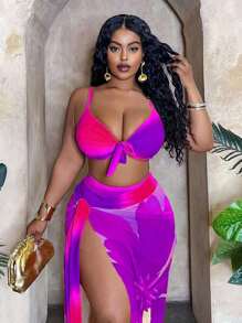 Slaydiva Bộ đồ bơi 3 mảnh cỡ lớn cho nữ, váy in họa tiết ombre ngẫu nhiên, phong cách đơn giản gợi cảm, quần lót cạp cao, bộ bikini xẻ tà thời trang hàng ngày - Màu tím - Xem 6