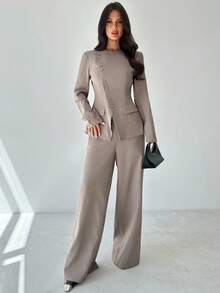 Firerie Bộ vest 2 món màu xám kaki thanh lịch, thời trang đường phố đa năng hàng ngày dành cho nữ, thu/đông, ve áo lệch không đối xứng, thắt nút eo, tay dài, quần cạp cao - Xám - Xem 5