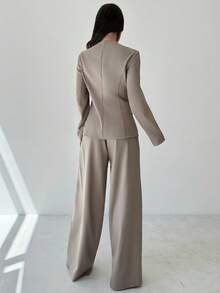 Firerie Bộ vest 2 món màu xám kaki thanh lịch, thời trang đường phố đa năng hàng ngày dành cho nữ, thu/đông, ve áo lệch không đối xứng, thắt nút eo, tay dài, quần cạp cao - Xám - Xem 7