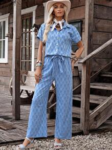 LanaWest Women's Denim Effect Print Shirt + Pants Countryside Casual Daily 2 Pieces Set - Blue - View 1