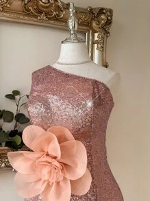 SHEIN Belle Elegant Champagne Pink Fine Sequined One-Shoulder Bodycon Dress,Gorgeous Oversized Stereo Floral Decor Wedding Guest Party Bachelorette Prom Cocktail - Champagne - View 4