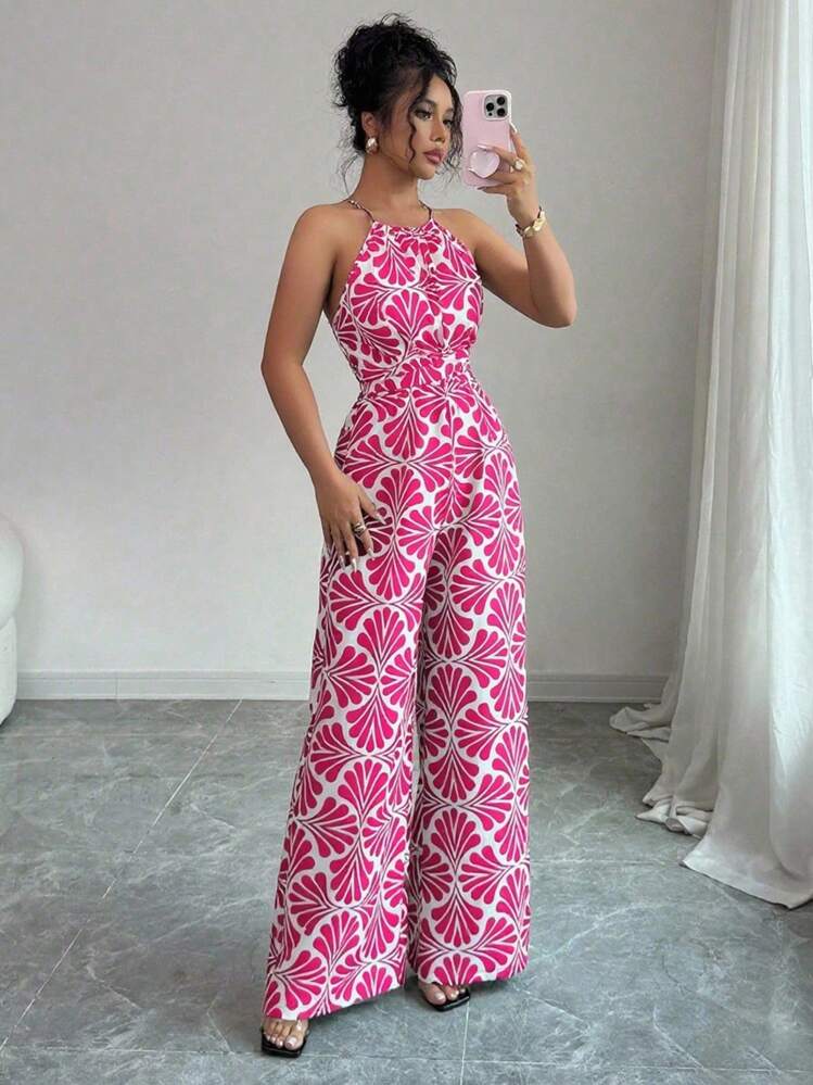 Elenzga Mono de mujer con cintura ceñida y estampado de tela, elegante para vacaciones y uso diario - Rosa Fucsia - Añade 5