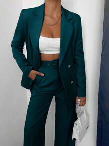 EURMUSE Women's Solid Color Double-Breasted Jacket And Pants Suit Set - Teal Blue - View 3